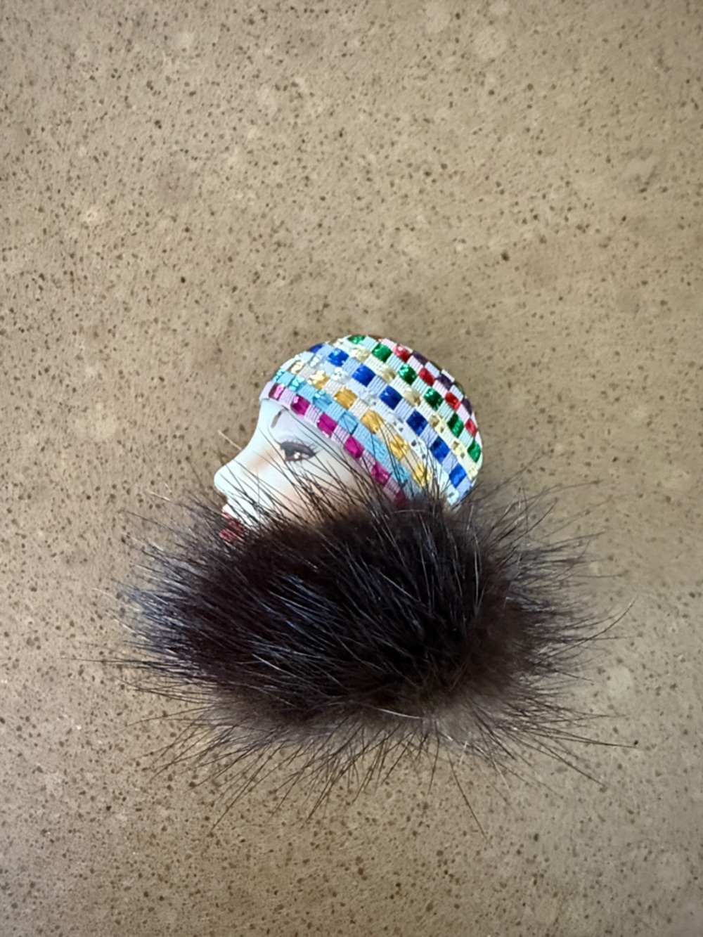 Vintage-Inspired Multicolor Enamel Lady Brooch with Dark Brown Fur Accent